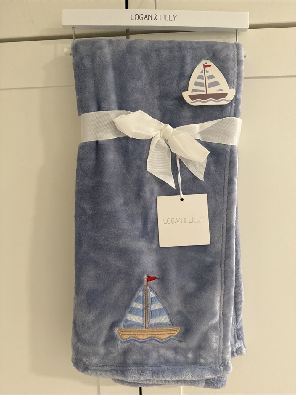 Logan & Lilly SAILBOAT Embroidered Baby Blanket 30"x40" Unisex Nautical Sailing